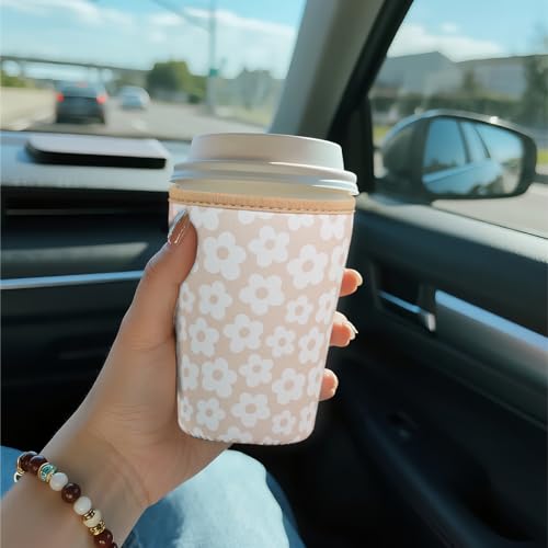 Image of Reusable Insulated Sleeve for Iced Coffee Cup, Coffee Neoprene Sleeve for Cold & Hot Drinks, Beverage Holder for Iced Coffee (Creamy Florals, Medium: 22-24oz)