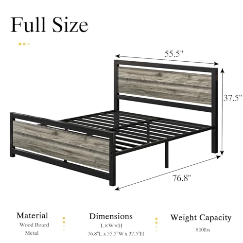 Image of Catrimown Full Size Bed Frame with Headboard, Full Metal Platform Bed Frame with Steel Slat Support, 10.5 in Storage Clearance, No Box Spring Needed, Easy Assembly, Wash Grey