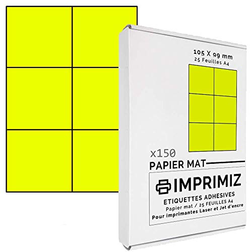 Imprimiz - Lote de 25 hojas de etiquetas autoadhesivas (6 etiquetas por A4 - 150 etiquetas autoadhesivas en total), 105 x 99 mm, para impresión láser y de inyección de tinta, color amarillo fluorescente