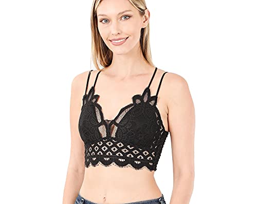 Zenana Women's Crochet Sexy Floral Lace Bralette with Cross Back Adjustable Spaghetti Strap and Removable Pads (Black, Large)