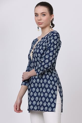 Image of Women's Stylish Regular Cotton Kalamkari Print Casual Short Kurti with Flower Base | Office Wear | Pack pf 1
