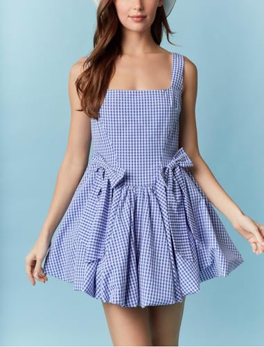 Image of Women Y2K Tie Shoulder Mini Dress Bow Babydoll Ruffle Short Dress Summer Boho Floral Flowy Beach Sundress