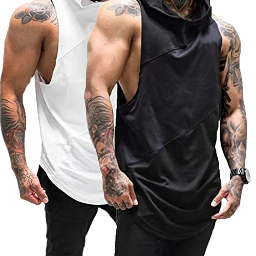 ZUEVI Men's Gym Muscle Hooded Tank Tops Sleeveless Workout Hoodies Shirts Bodybuilding Stringer T Shirt