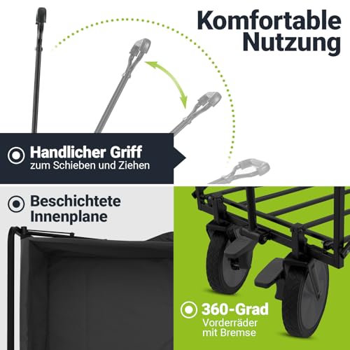 Juskys Bollerwagen 100 kg Tragkraft - Transportwagen faltbar - Einkaufen, Outdoor & Camping - Strandwagen Faltbollerwagen Handwagen Schwarz