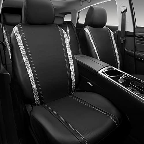 CAR PASS Bling Car Seat Covers Full Set,Shining Rhinestone Diamond Faux Leather,Rear with Zipper,Universal Fit 95% Automotive Glitter Crystal Sparkle Strips for Cute Women Girl,Black Silver - 1