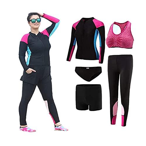 Schwimm-Neoprenanzug Damen-Tauchanzug Plus Größe 4XL-5XL 5-teiliges Set mit Düngemittel-Langarm zum Surfen, Schnorcheln, Kajaktauchen und Anderen Wasseraktivitäten,Pink,5XL
