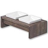 Bowsers Artisan Diner Double Dog Feeder - Handcrafted Rubberwood Frame with Square Ceramic Bowls Feeder for Dogs - Walnut, Small, 15' x 7' x 4'