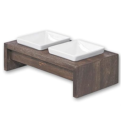 Bowsers Artisan Diner Double Dog Feeder - Handcrafted Rubberwood Frame with Square Ceramic Bowls Feeder for Dogs - Walnut, Small, 15" x 7" x 4"