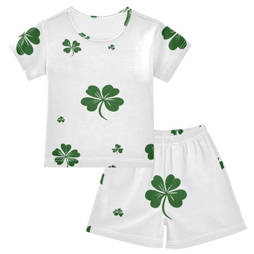Summer Pajama Set Four Leaf Clover Green Pattern, Short Sleeve Sleepwear Nightwear