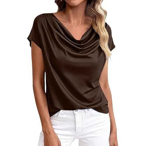 Image of CGGMVCG Women's Cowl Neck Tops Short Sleeve Ladies Casual Summer Blouses Dressy Tunic Tops Elegant Drape Front Work Office Shirts (Brown, XL)