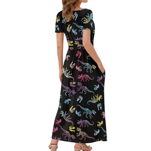 Image of Women's Fall Summer Short Sleeve Ankle Length V-Neck Party Dress with Pockets Size S-3XL