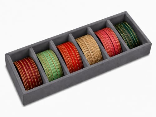 Image of La Trove 6 Slot Velvet Bangle Organizer Tray for Kada & Bracelets, Grey | Soft lined sections hold bangles, kada, bracelets & rings; keeps accessories sorted in drawer, wardrobe & dressing table