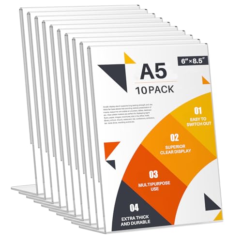 WenYa A5 Acrylic Sign Holder (10 Pack) - Slant Back Clear Tabletop Display Stand for Menus Posters Signage | L-Shape Countertop Frame for Office Restaurant Retail