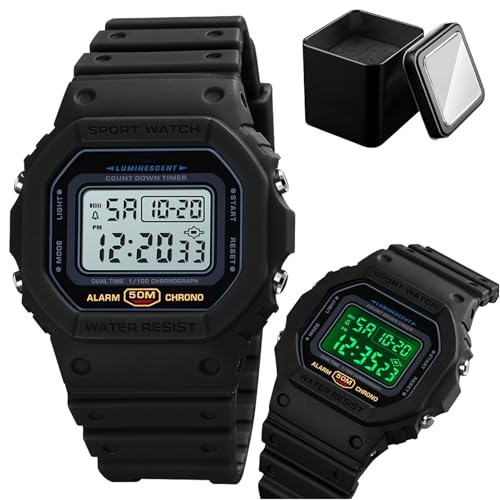 Reloj Deportivo Digital para Hombre, Ligero y Sumergible 50M con Alarma, Temporizador, Doble Hora, Luz, Ideal para Trabajo, Viajes, Deporte, Adolescentes(Black A)