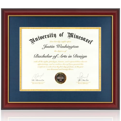 Minesaxel Diploma Frame 14x17 with Blue Mat Fits Document, Certificate or 16x20 Picture without Mat, 17x14 Cherry Red Frame for Wall Mounting