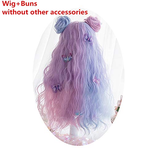 Konniqiwa Lolita Wig Purple Mixed Blue 25.5 Inch Long Curly Bangs Cosplay Party Wigs For Women Girls (Wig+Buns) #TOP28
