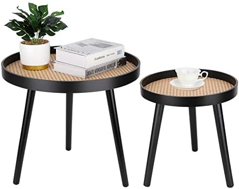 Rattan Round Side Table, Black Small End Table, Accent Table, Modern Boho Bedside Table, Mid-Century Patio Side Table, End Tables for Living Room Bedroom Office Balcony