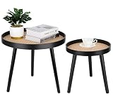 Rattan Round Side Table, Black Small End Table, Accent Table, Modern Boho Bedside Table, Mid-Century
