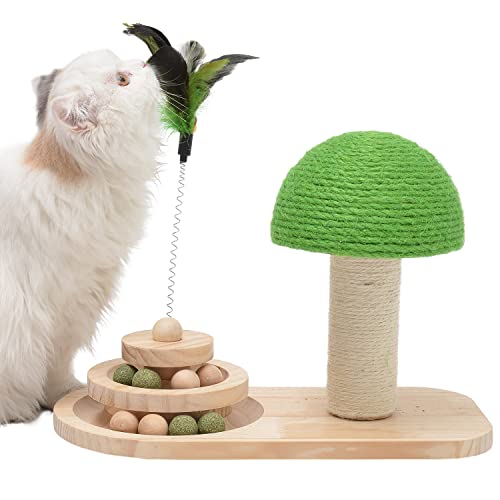 Cat Toys 3 In 1 Wooden Cat Ball Track Roller With Feather & Mushroom Cat Scratcher Post,Interactive Cat Toy With 8 Removable Balls For Indoor Cats #TOP5