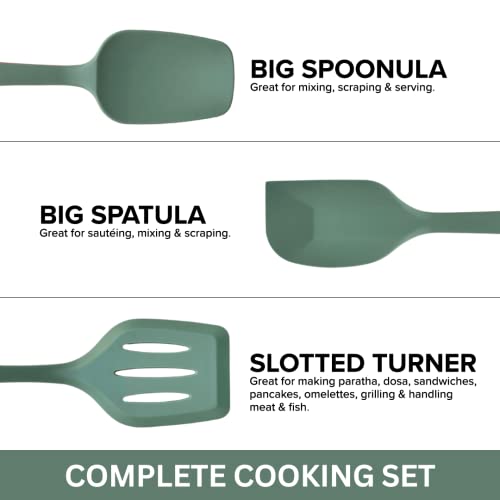 Image of FiABLE Premium Big Silicone Spatulas for Cooking - Full Silicone Set of 3 -Food Grade-BPA Free- 1 Year Brand Warranty - High Heat Resistant, Seamless Design - Spatula, Spoonula & Turner - Green
