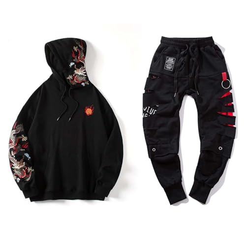 Niepce Inc Streetwear Men's Dragon Embroidered Graphic Hoodies and Ripped Punk Jogger Pants Set (Large)
