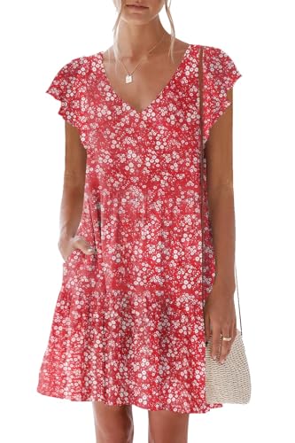 Image of nclook Womens Summer Casual Dresses Sweet Cute V Neck Mini Dress with Pockets Ruffle Short Sleeve