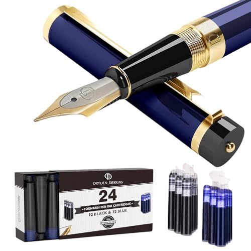 Dryden Designs Fountain Pen Medium Nib Gift Pouch - with 24 Ink Cartridges - MCM (Deep Blue)
