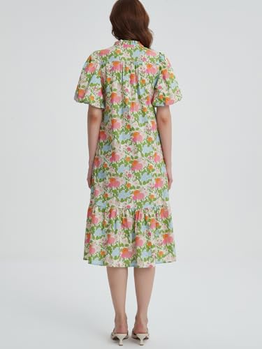 Summer Floral Midi Dress for Women Puff Short Sleeve Button Down V Neck Pretty Garden Boho Dresses2