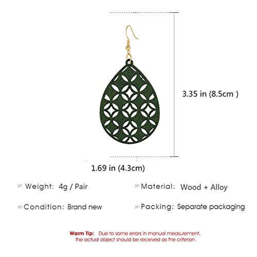 Smalllove Bohemian Wooden Hollow African Earrings For Women Girls Natural Light Weight Wood Teardrop Drop Dangle Hook Earrings (Green) #TOP3