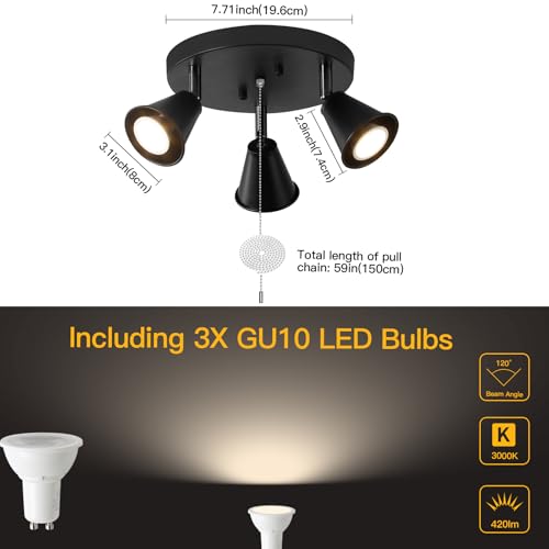 Image of 3-Light Industrial Directional Track Lighting with Pull Chain On /Off, Black Ceiling Spotlight, Morden Flush Mount Kitchen Light for Hallway,Di