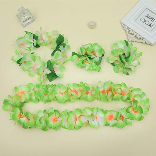 Jsshi Lush Hawaiian Headpiece,Hawaiian Flower Leis Jumbo Necklace Bracelets Headband Set With Leaf For Hawaiian Luau Party Decoration Supplies(With Green Leaves，Green) #TOP7