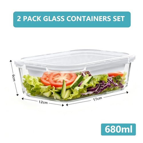 ZhouZGlass 2 Pack 680ml Glass Food Storage Containers with Lids, Reusable Meal Prep Containers, Glass Lunch Box with Snap Airtight Lid for Baking, Microwave, Oven, Freezer, Dishwasher