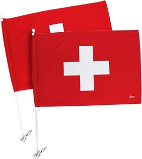 Swiss Flag for Car 2 Pcs Pack Bandera para Carros De Switzerland Poster Banner Truck Auto Decorations for Window Clip Pole Accessories FIFA Outdoor Flags Trophy Game Football Soccer Sports Fans Gifts