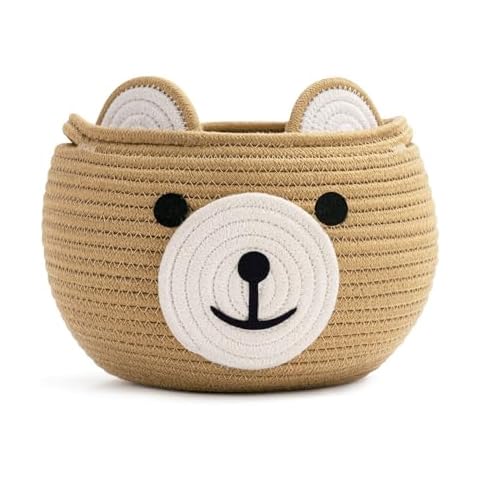 CherryNow Cotton Rope Baby Basket for Nursery, Bear Gift Baskets for Kids, Empty Baby Shower Basket with Handles, Small Cute Animal Baskets, Brown, 10.5"D x 8.5"H Cover