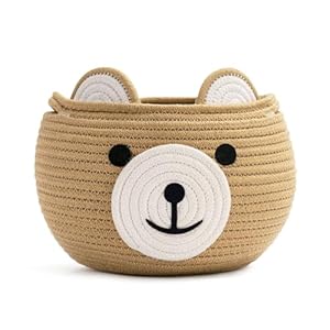 CherryNow Cotton Rope Baby Basket for Nursery, Bear Gift Baskets for Kids, Empty Baby Shower Basket with Handles, Small Cute Animal Baskets, Brown, 10.5″D x 8.5″H