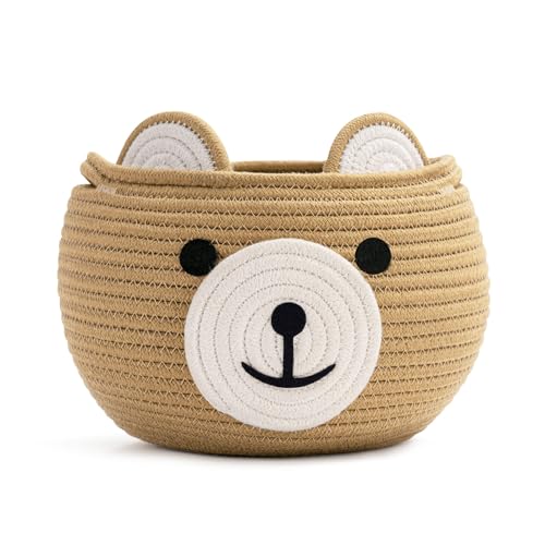 CherryNow Cotton Rope Baby Basket for Nursery, Bear Gift Baskets for Kids, Empty Baby Shower Basket with Handles, Small Cute Animal Baskets, Brown, 10.5″D x 8.5″H