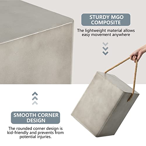 COSIEST Concrete Side Table, Rectangular Outdoor Side Table w Hemp Rope Handles,15\'\'Patio Side Tables End Table, Outdoor Accent Coffe Table for Garden and Patio, Grey
