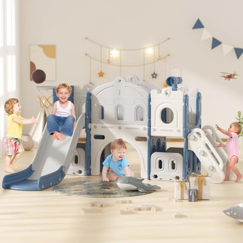 67i 7-in-1 Kids Slide for Toddlers Age 1+ Indoor Toddler Slide with Climber Non-Slip Steps Outdoor Baby Slide with Basketball Hoop Freestanding Slides with Tunnel Storage Space Telescope (Blue Grey)