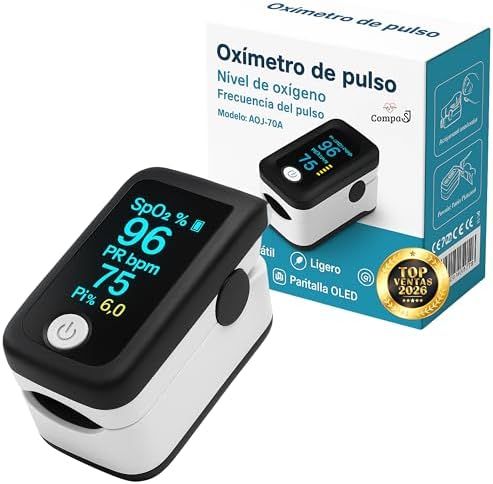 Oxímetro de Dedo Profesional, Pulsioxímetro Medidor preciso de la Saturación de Oxígeno en Sangre, Frecuencia Cardiaca. Oxímetro de Pulso para todas las Personas. Pantalla OLED. Incluye Pilas, Cordón