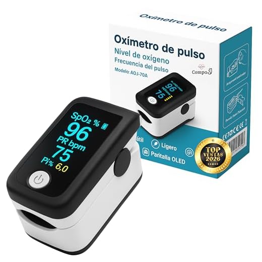 Oxímetro de Dedo Profesional, Pulsioxímetro Medidor preciso de la Saturación de Oxígeno en Sangre, Frecuencia Cardiaca. Oxímetro de Pulso para todas las Personas. Pantalla OLED. Incluye Pilas, Cordón