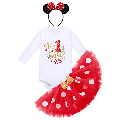 Bébés Filles 1er Anniversaire Tutu Set Costume de Minnie Mouse Manche Longue Body Barboteuse Jupe Tutu à Pois Oreille Bandeau 1 an Fête Vêtements Premier Anniversaire Tenue Photographie Rouge