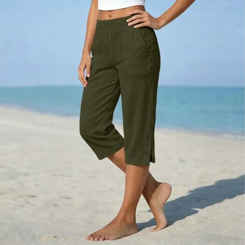 Women Linen Capri Pants Elastic High Waist Cropped Trousers Side Button — view 3