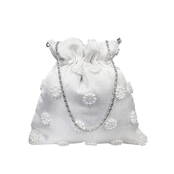 FRINGES Silver Pearl Embellished Beaded Tassel Potli Bag For Weddings - Image 3