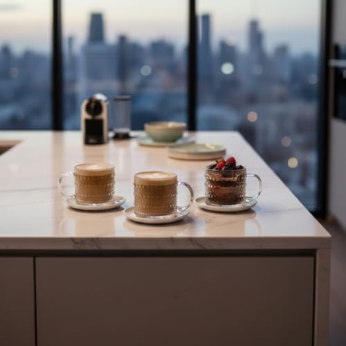 3’lü Cam Kupa Seti 300 ml – Kabartmalı Desenli Şeffaf Cam Kahve ve Çay Kupası - Görsel 4