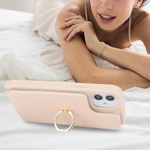 Image of for iPhone 11 Phone Case with Card Holder and Strap for Women,Crossbody Lanyard,Kickstand Ring Stand,Snap Clasp,Phone Wallet Cases 6.1 inch(Beige)