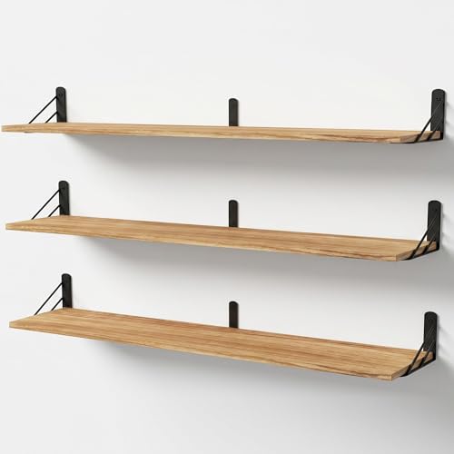 Long Floating Shelves for Wall,Large Wall Shelf,Wood Floating Bookshelf Hanging,Book Storage Display for Living Room Bedroom Office Bathroom Decor,3 Pack,145cm,Carbonized Black by Huiyiaus - Used condition - CA$71.49