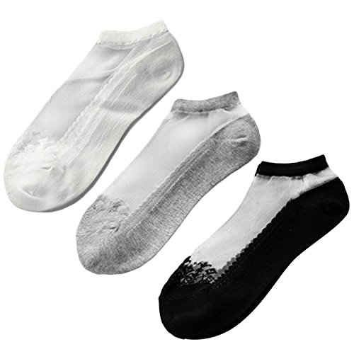 Vococal 3 Paar Damen Mädchen Ultra-dünne Elastische Transparente Lace Seide Ballerina Füßlinge Kurze Socken mit Anti-Rutsch Baumwolle Unterseite, Schwarz + Grau + Weiß Cover