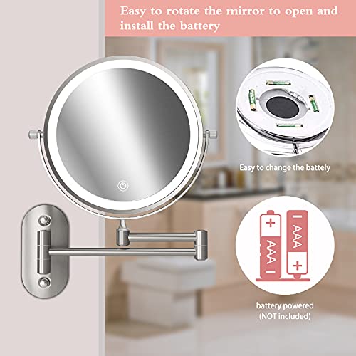 8" Led Lighted Wall Mounted Makeup Mirror Double Sided 10X Magnifying Vanity Light Up Mirror For Bathroom Shaving, Dimmable Led Lights, 3 Color Modes, Extendable Arm, Touch Control, Nickel Finish #TOP4
