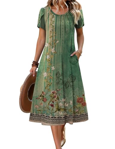 Zeagoo Womens Midi Dress Floral Sundresses for Women Casual Flattering Dresses Summer Dresses with Pockets, Boho Green Floral L