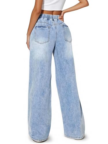 Women's High Waisted Wide Leg Jeans Drawstring Loose Fit Elastic Waist Straight Leg Sweatpant Denim Pants 2025 Trendy3